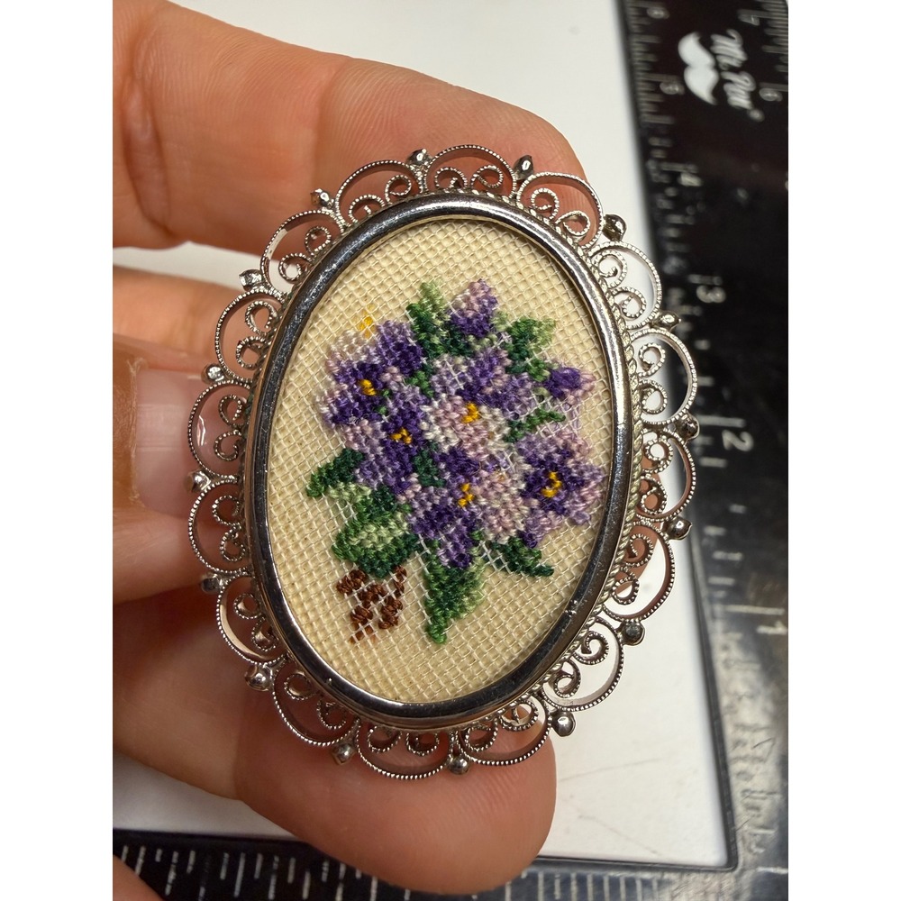 Vintage Petit Point Embroidery Floral Brooch Silver Tone Filigree Purple Violet